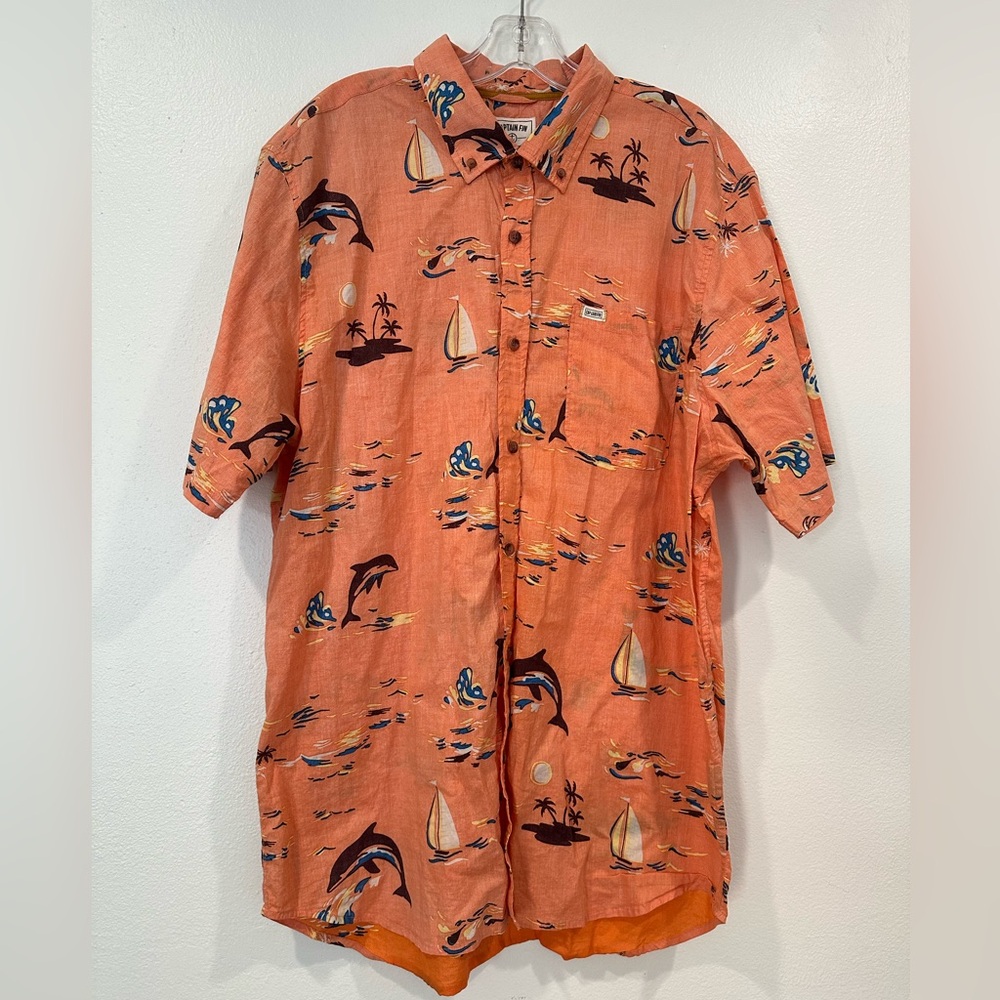 Captain Finn Orange Hawaiian Tropical Print Button Down Shirt Size XXL